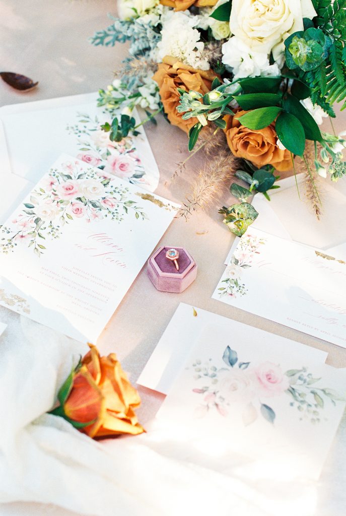 blush and gold watercolor wedding invitation