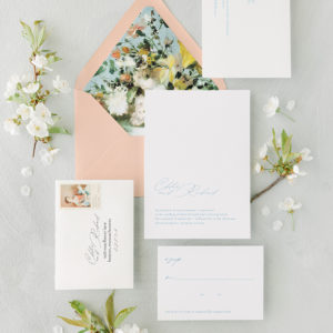 peach and blue wedding invitation