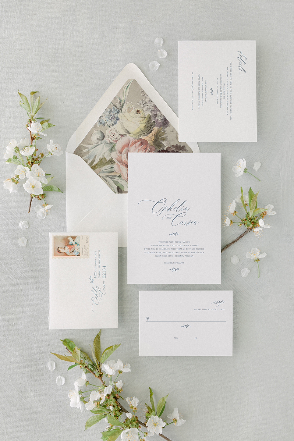 Classic Monogram Dusty Blue Watercolor Wedding Invitation