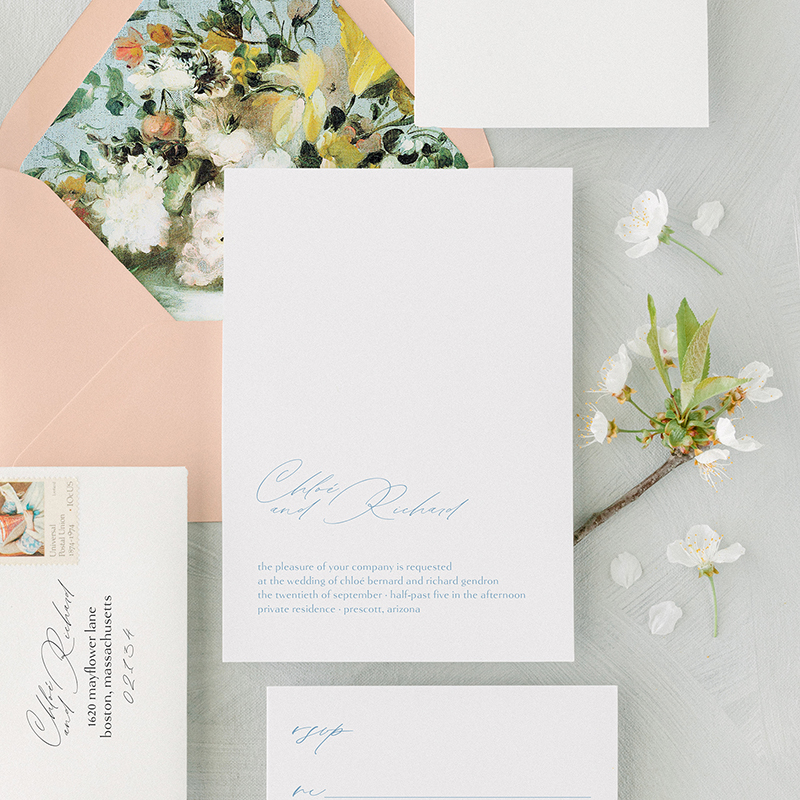 peach and blue modern wedding invitation