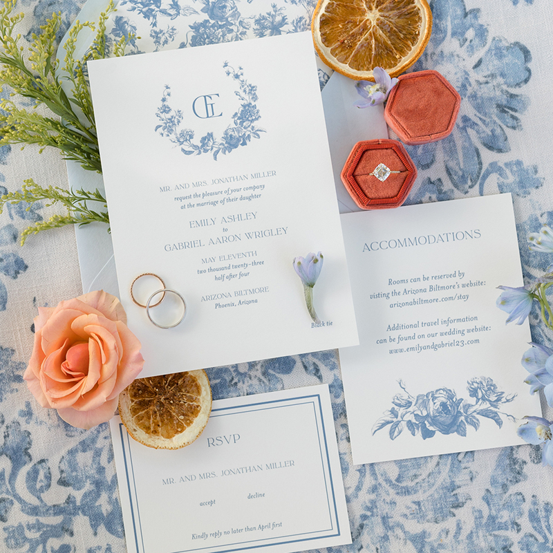 French Toile wedding invitation