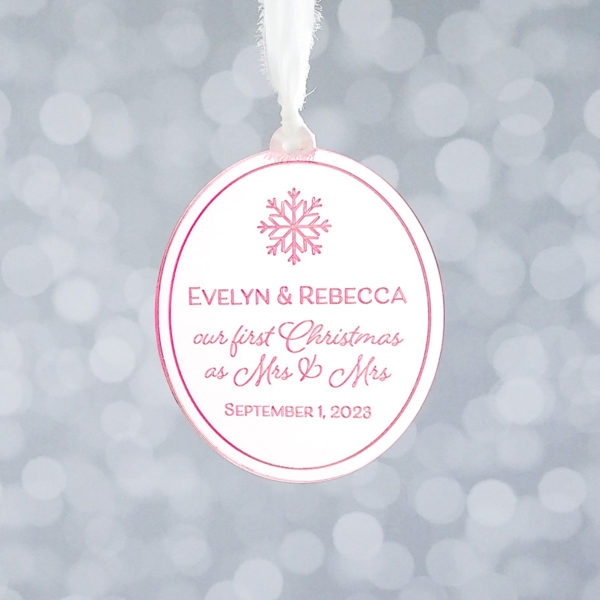 Acrylic Snowflake Ornament - Rose Gold Mirror - Mrs. and Mrs. with wedding date and snowflake accent