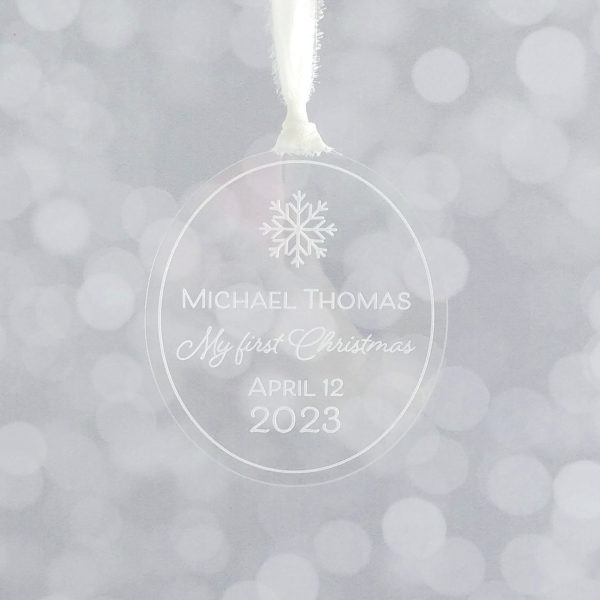 Acrylic Snowflake Ornament - engraved clear acrylic and silk ribbon