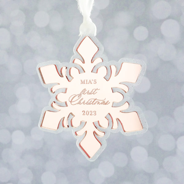 First Christmas Acrylic Snowflake Ornament baby's first Christmas layered acrylic ornament with rose gold and glitter acrylic