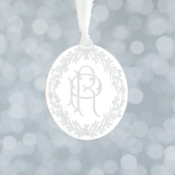 Vintage Monogram Holiday Ornament silver mirror Christmas ornament with monogram and floral wreath