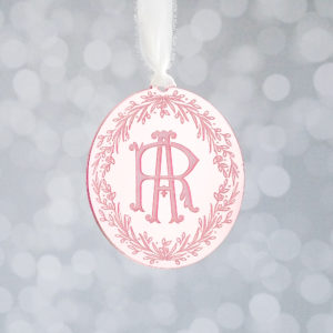 personalized monogram Christmas ornament in blush mirror acrylic