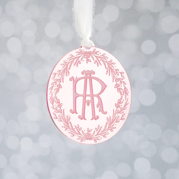 Vintage Monogram Holiday Ornament personalized monogram Christmas ornament in blush mirror acrylic