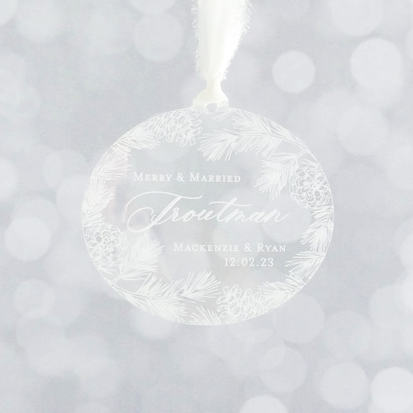clear acrylic engraved Christmas ornament merry and married