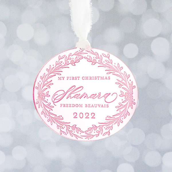 floral wreath mirror acrylic baby's first Christmas ornament