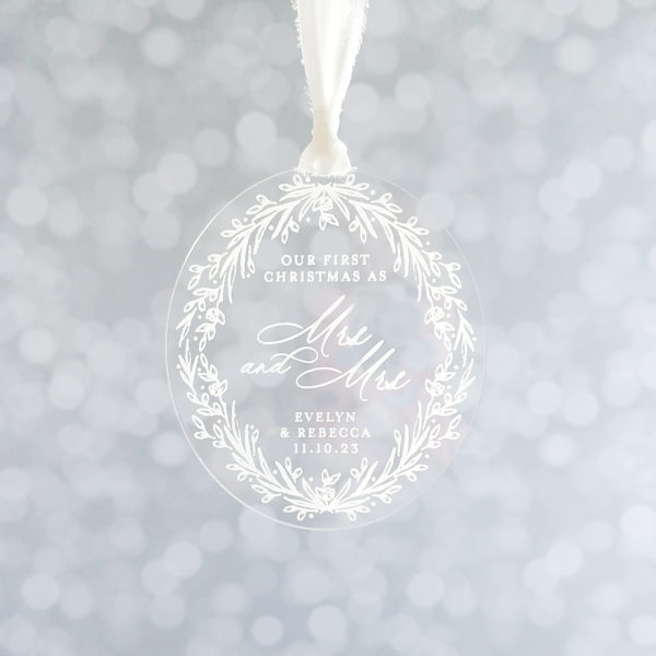 mrs and mrs Christmas ornament in clear acrylic