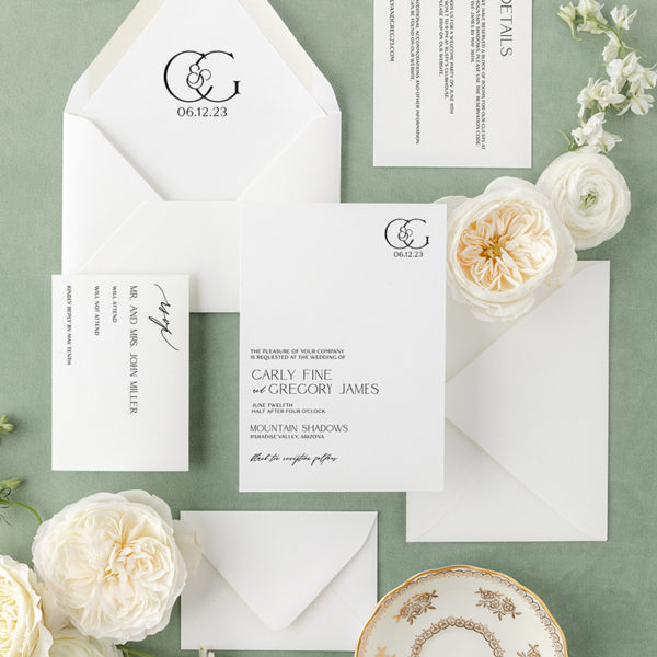 modern monogram black and white wedding invitation