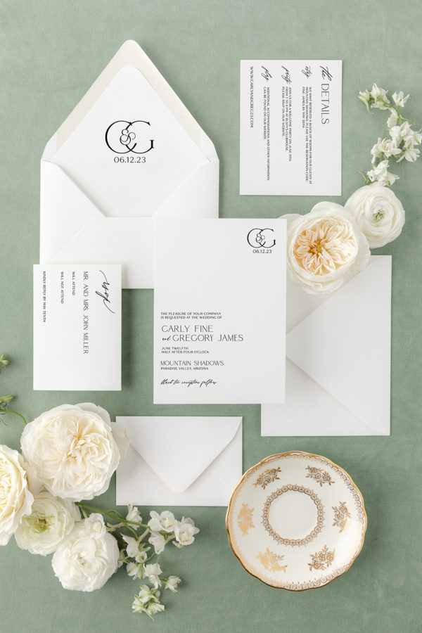 Modern monogram wedding invitation in black and white