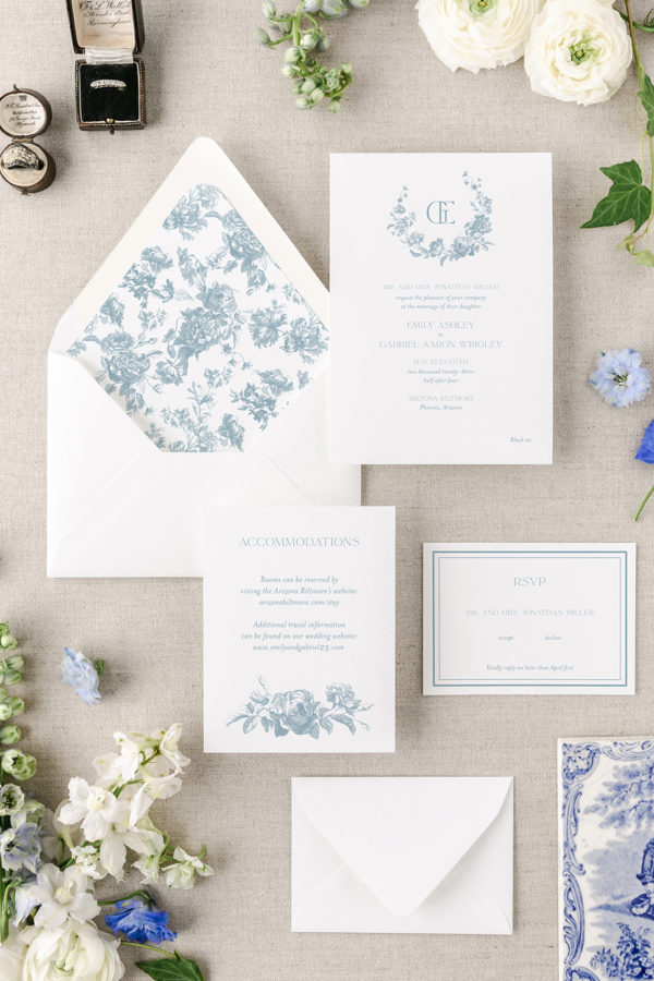 dusty blue toile wedding invitation