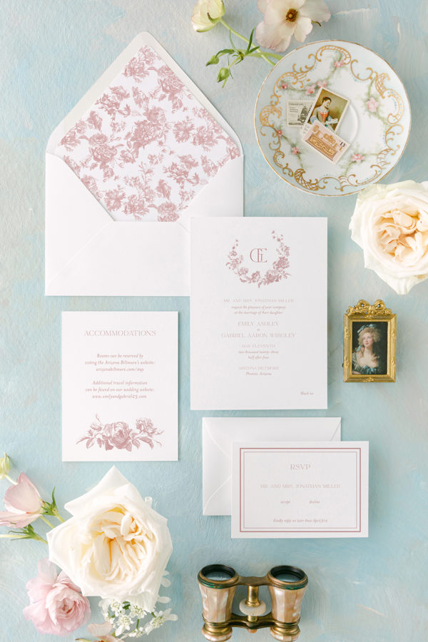 toile wedding invitation - dusty rose