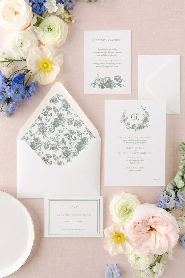french toile wedding invitation - sage green