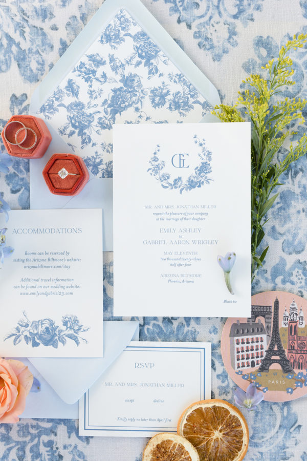 french blue toile wedding invitation