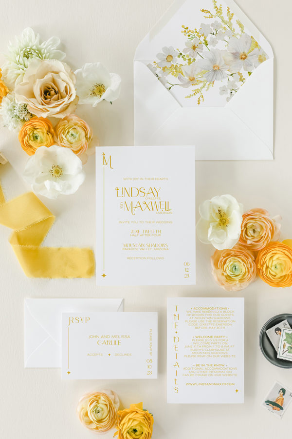 Mid-century modern monogram wedding invitation - yellow wedding invitation