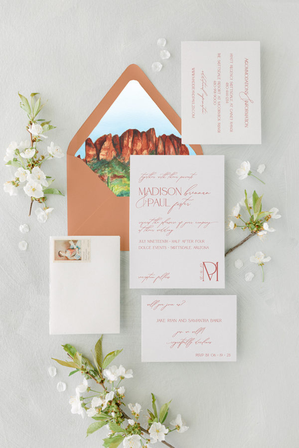 desert landscape wedding invitation with superstition mountain watercolor envelope liner