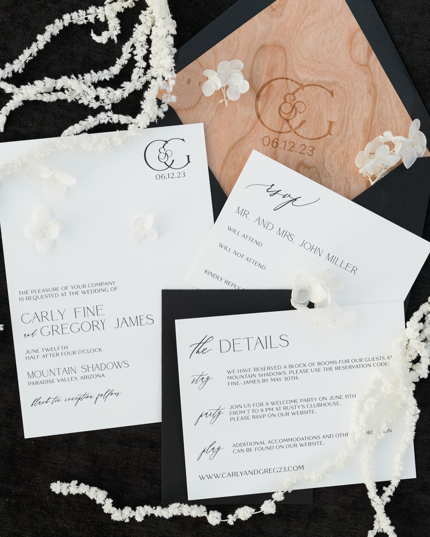 black and white wedding invitation with real wood envelope liner-Ryann Lindsey