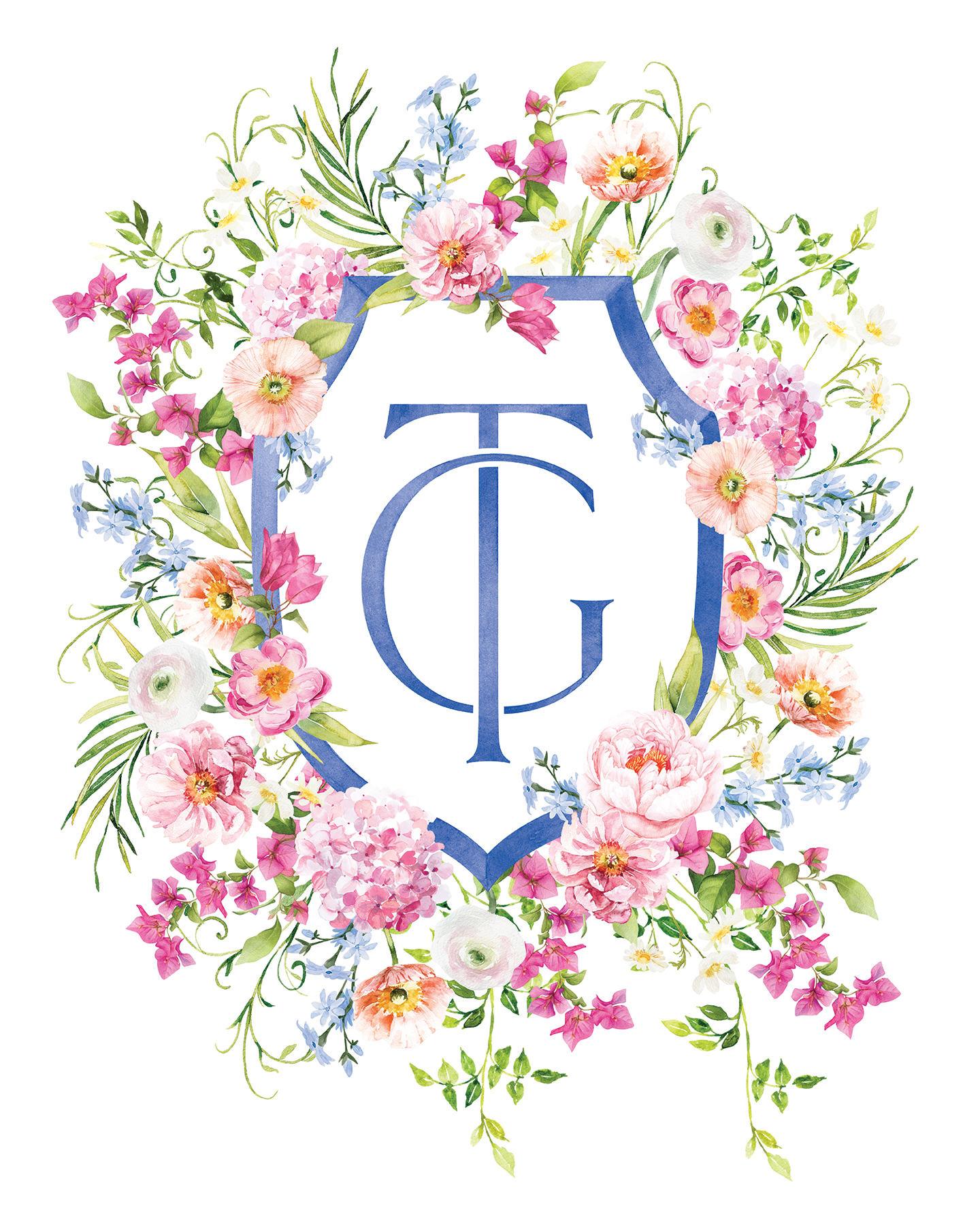 monogram crest with pink and peach watercolor florals
