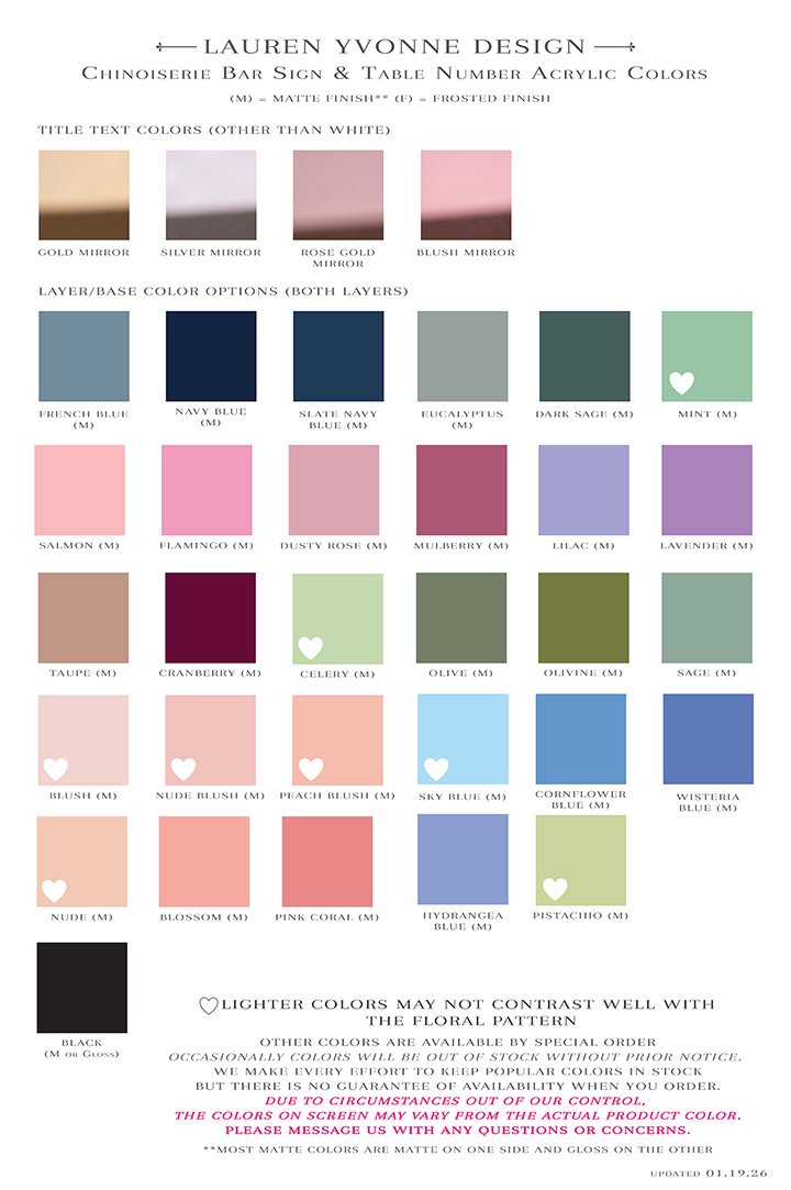 Acrylic color chart for a bar sign