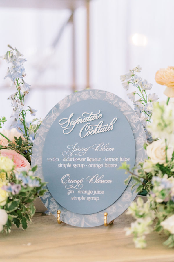 Oval bar sign with french blue and white acrylic – floral detail border Floral bar sign in an oval shape - French blue acrylic