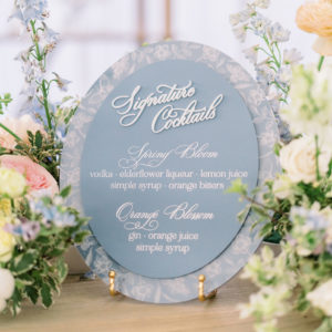 signature cocktail sign in french blue acrylic with script fonts