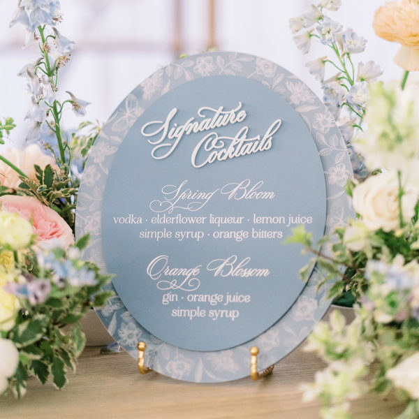 French Blue acrylic signautre cocktail sign signature cocktail sign in french blue acrylic with script fonts