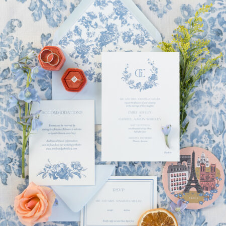 blue toile wedding invitation