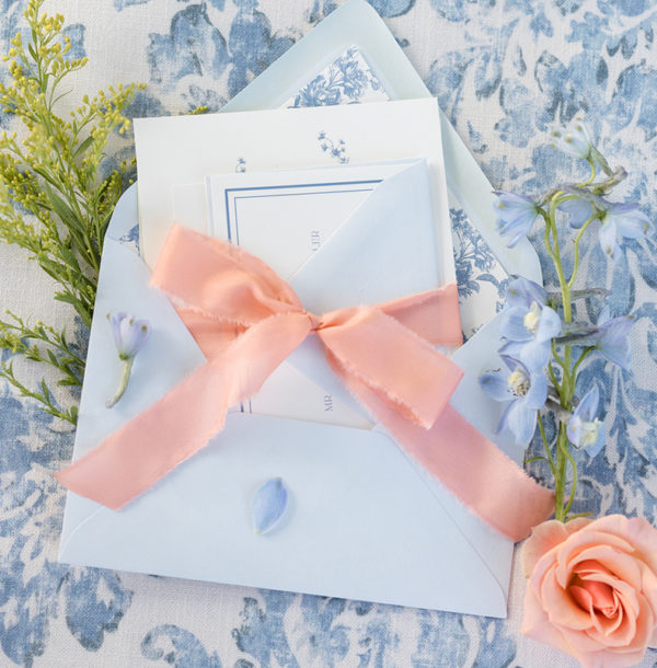 French blue and peach silk ribbon wedding invitation