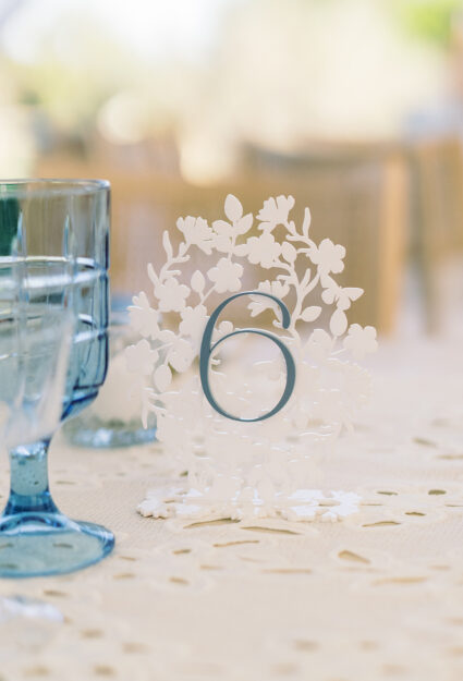 lacy floral white and French Blue acrylic table numbers