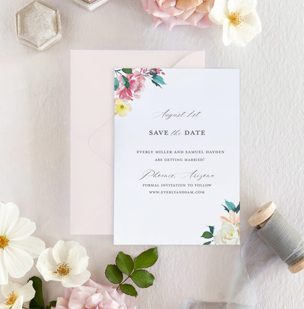 blush watercolor floral save the date