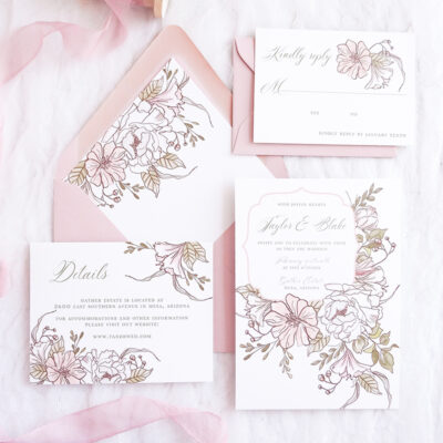 peachy pink floral wedding invitation