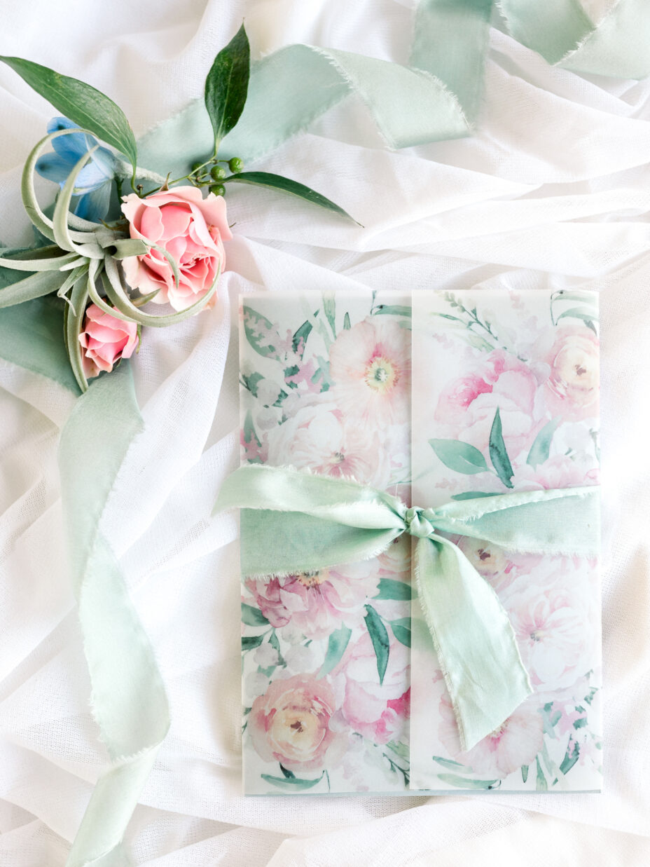 floral pattern vellum wrap for wedding invitation
